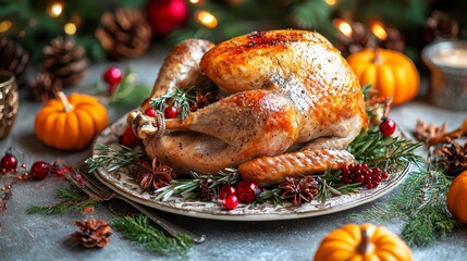 A beautifully roasted turkey garnished with herbs, surrounded by pumpkins and festive decorations, perfect for a holiday feast.