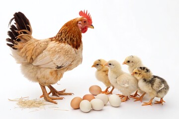 Fototapeta premium Charming Chicken Family Illustration Featuring Rooster, Hens, and Chicks with Eggs, Perfect for Family Themes and Farm Life Designs in a Bright White Background