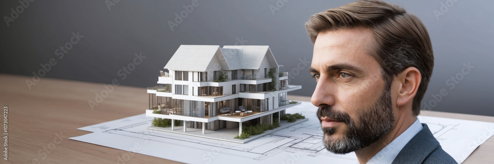 Poster architect's profile blended with 3d models and blueprints in double exposure