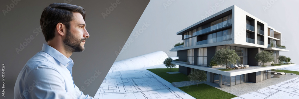 Poster architect's profile blended with 3d models and blueprints in double exposure