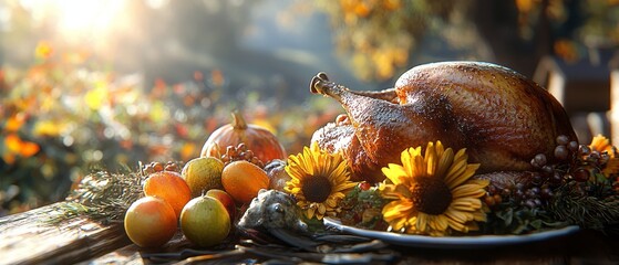 A beautifully arranged feast featuring a roasted turkey, vibrant fruits, and sunflowers, set against a blurred autumn background.