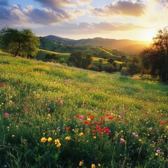 Fototapeta premium Flower-bedecked foothills paint a vibrant scene.