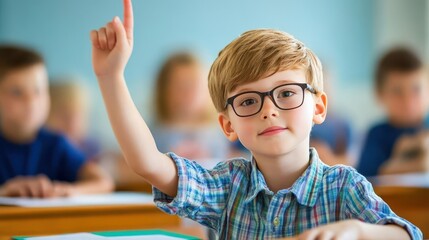 Curious young boy with glasses raises hand to ask question in classroom. smart student actively participates in learning and education at school.