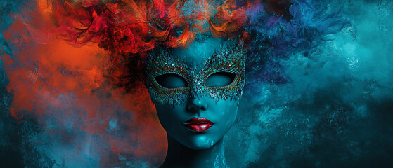 Mysterious Woman in a Mask with Colorful Smoke Background