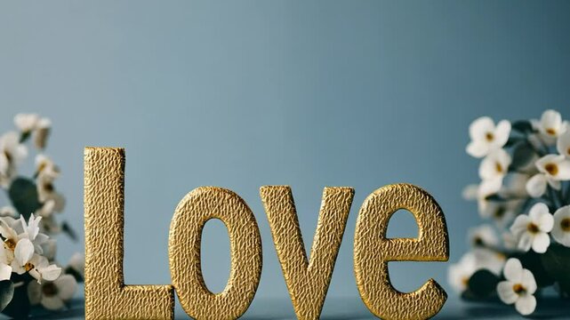 Golden textured Love letters with white flowers, symbolizing romance and Valentine's Day sentiments
