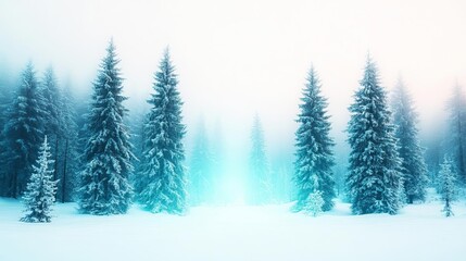 Fototapeta premium Snow-covered pine forest with beams of pale blue light piercing through the fog, creating a mystical cold atmosphere, soft ambient glow