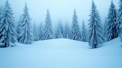 Obraz premium Snow-covered pine forest with pale blue ambient light, mist rising between trees, tranquil and cold atmosphere