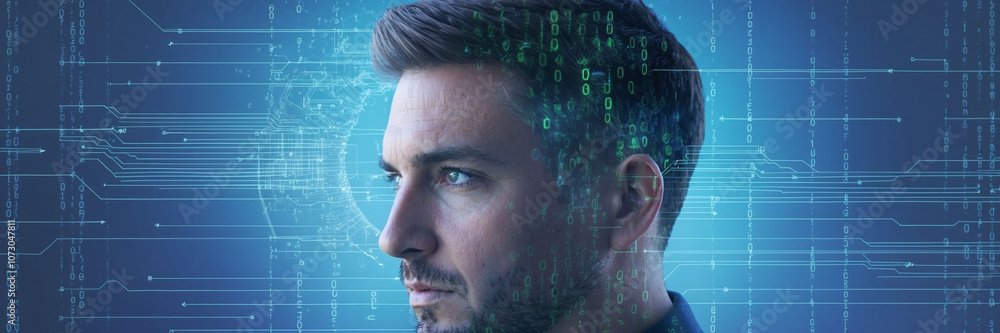 Poster cybersecurity specialist’s profile overlaid with firewall codes and encrypted data