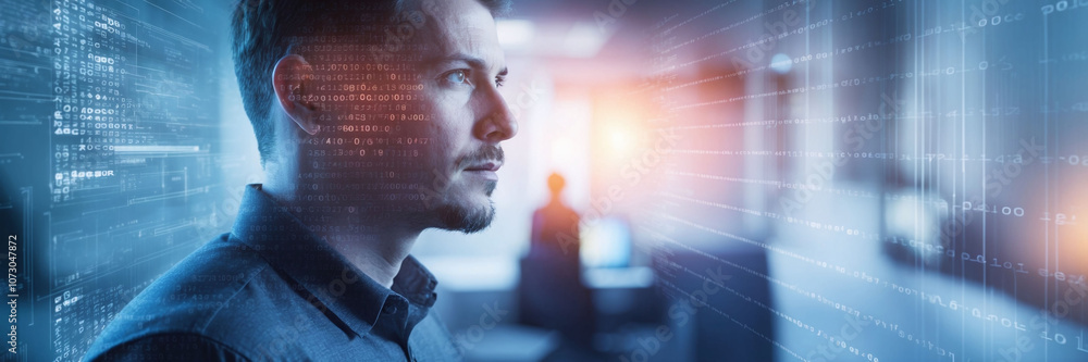 Poster cybersecurity specialist’s profile overlaid with firewall codes and encrypted data