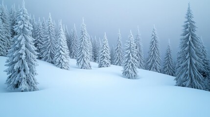 Fototapeta premium Snow-covered pine forest with pale blue ambient light, mist rising between trees, tranquil and cold atmosphere