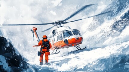A rescue worker in bright orange gear approaches a helicopter on a snowy mountain, capturing the intensity and urgency of mountain rescue operations