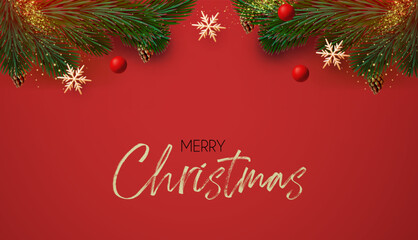 Christmas decoration with fir tree branches, balls and gold snowflakes. Happy New Year traditional design