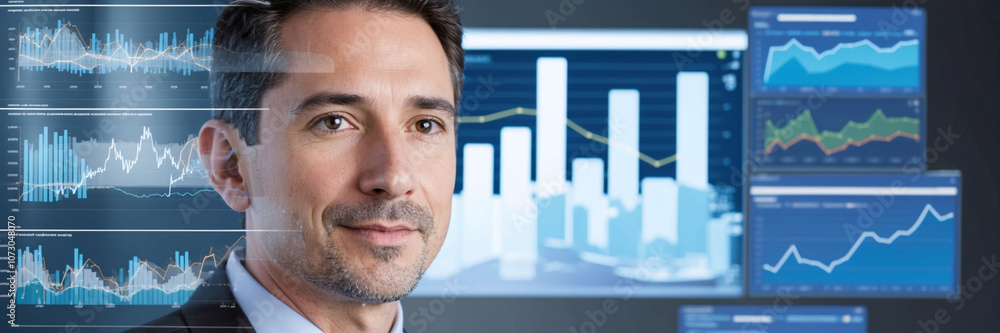 Poster portrait of an analyst with big data graphs and screens in double exposure