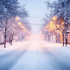 Snow-covered street at dusk with cold ambient lighting, quiet urban winter scene, mist rising