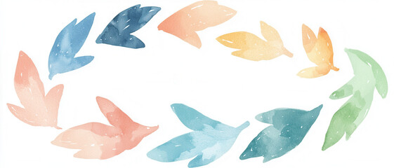 A circular arrangement of watercolor leaves in soft pastel colors, creating a harmonious and artistic design.