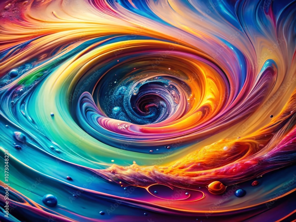 Poster chromatic liquid dreamscape: aerial view of iridescent colors merging and flowing across a fluid sur