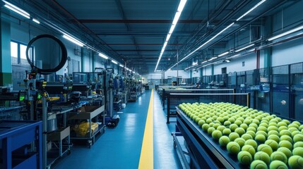 Expansive factory panorama, showing the production line for sports equipment, with a focus on equipment like tennis balls, rackets, and training gear in an organized layout.