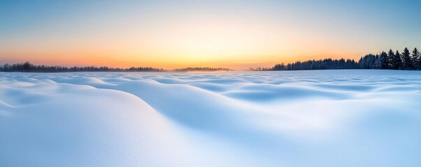 Fototapeta premium Snow-dusted field illuminated by cold ambient light, mist rising, tranquil winter morning