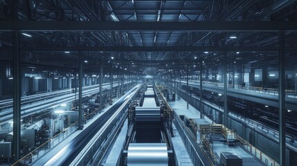 Expansive interior view of a roofing factory, top-level production line carrying metal roofing sheets through a rolling and coating process.