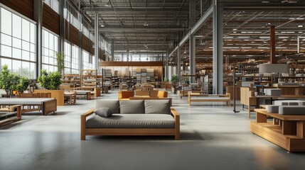 Expansive panorama capturing the furniture production line, featuring wood preparation, assembly stations, and detailed upholstery sections for chairs and sofas.