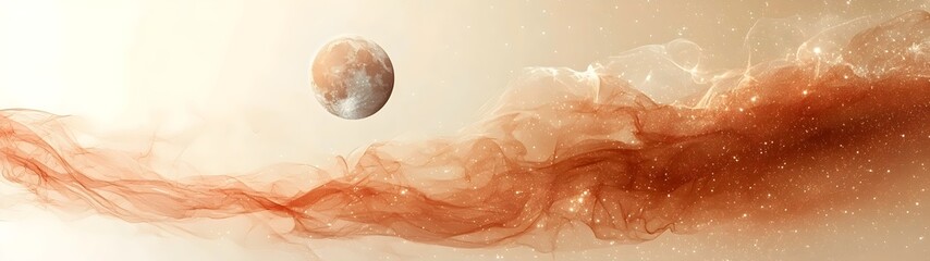 Obraz premium A stunning celestial scene featuring a glowing planet amid a swirl of red and golden cosmic dust, creating an ethereal atmosphere full of mystery and wonder.