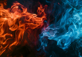Fototapeta premium A vibrant red and blue flame photograph, with the left side of the fire glowing in vivid orange against a black background, symbolizing passion. 