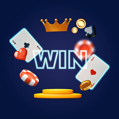 Online casino winner podium, welcome bonus, win banner, jackpot, poker, card suits, cards, money and poker chips with crown