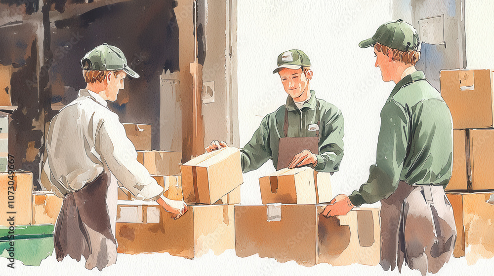 Poster three workers are packing and handling cardboard boxes in a bright warehouse setting, showcasing tea