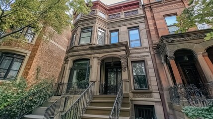 Fototapeta premium A grand, stone-fronted, Victorian home with ornate detailing, a black door, and a wrought-iron staircase leading up to the entrance.