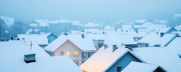 Snowy rooftops illuminated by a pale blue light, ambient cold fog, serene winter night in the city, tranquil mood