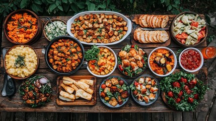 A vibrant spread of various delicious dishes, featuring salads, meats, breads, and vegetables, arranged beautifully on a rustic wooden table.