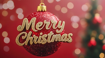 A red Christmas ornament with the words "Merry Christmas" in gold lettering with a Christmas tree and blurred lights in the background