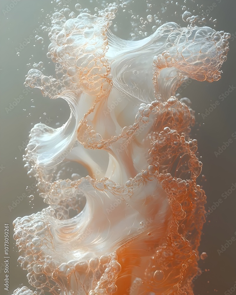 Poster an abstract formation of swirling bubbles in a soft peach and cream color palette, creating a delica