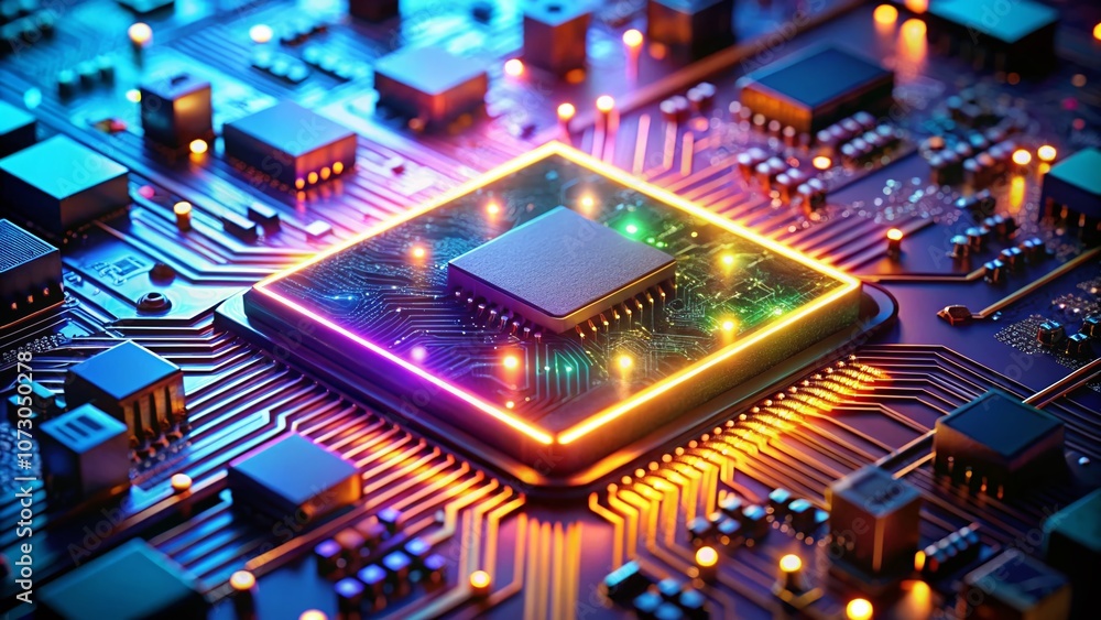 Poster close-up of a microchip on a circuit board with glowing lights, showcasing the intricacies of electr