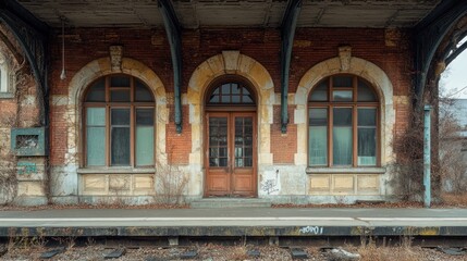 An abandoned train station platform with arched windows and doors.