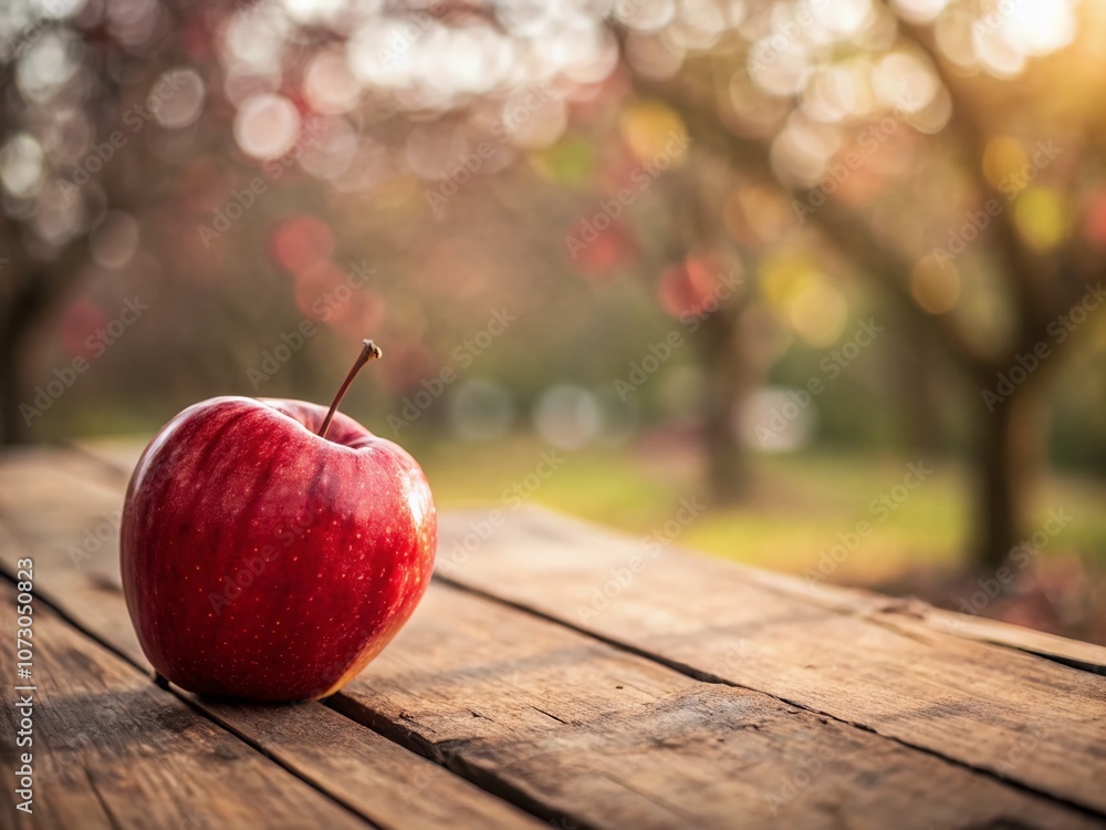 Aufkleber close-up of a vibrant red apple on a rustic wooden table with soft bokeh effect in the background, p