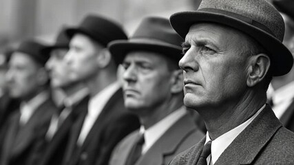 Row of serious Caucasian men in suits and hats at a gathering, symbolizing tradition and remembrance, related to Veterans Day and historical events