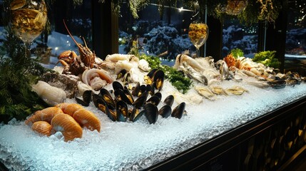 Ice-covered seafood display with mussels, clams, and fish, each item showing natural color and texture, perfect for cooking.