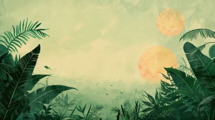 aesthetic wallpaper in the style of vintage poster design, dreamlike tropical leaf background,  flat form, floralpunk, olive green light green art of tonga