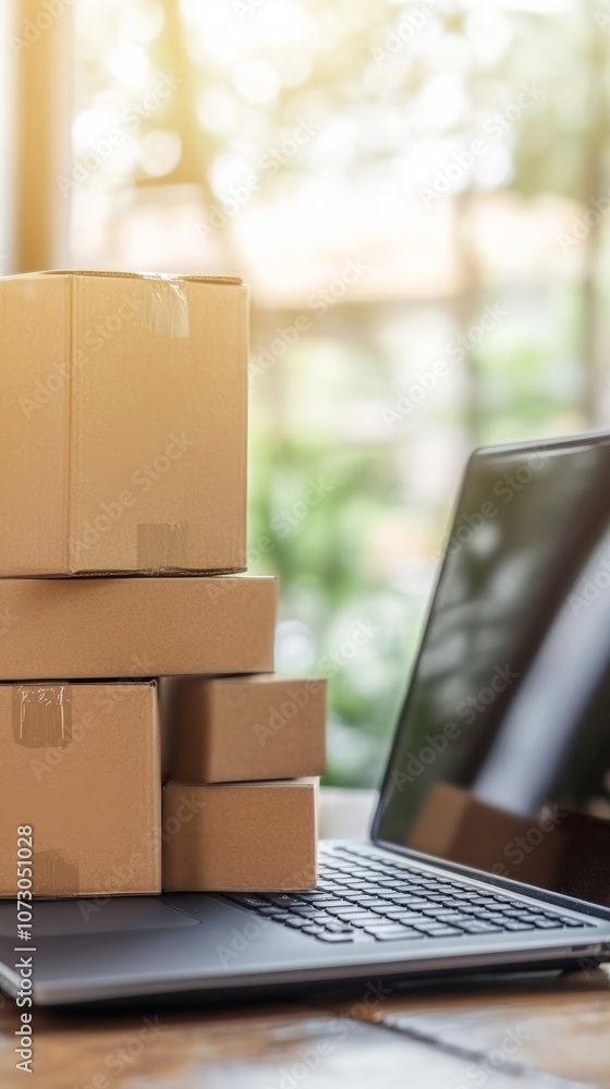Poster cardboard boxes are stacked on a laptop keyboard, representing the concept of online shopping, e com