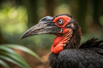 Obraz premium Close-Up of a Young Southern Ground Hornbill Captured in Stunning Detail, Showcasing Its Unique Features and Vibrant Colors in a Natural Habitat Setting