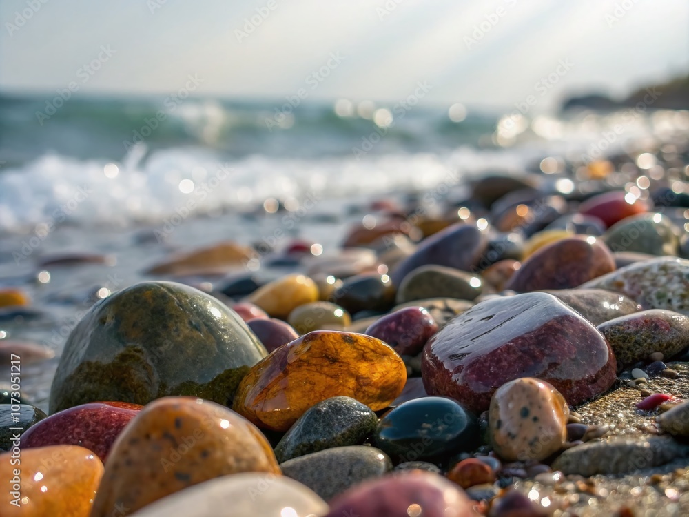 Poster close-up of colorful stones on a beach with beautiful bokeh effect capturing the serenity and textur