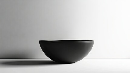 Isolated black bowl on a white background, with subtle lighting highlighting its elegant curves, perfect for showcasing a minimalist kitchen accessory