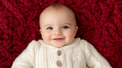 Adorable baby smiles cheerfully on cozy red blanket in heartwarming photo session