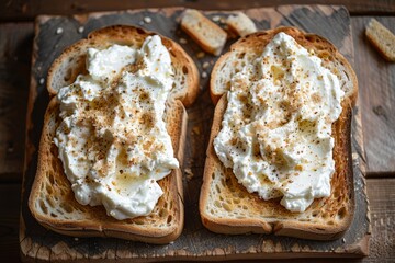 Toasted whole wheat bread spread with thick Greek yogurt on stone table , sharp and clear focus, taken in the style of a professional food photographer, artistic, unique, wooden background