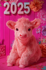Fototapeta premium New Year Cards: 2025-themed Cute Neon Background Baby Calf Illustrations