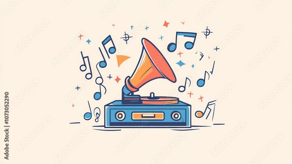 Poster a vintage record player with a large speaker playing music with notes floating around it.
