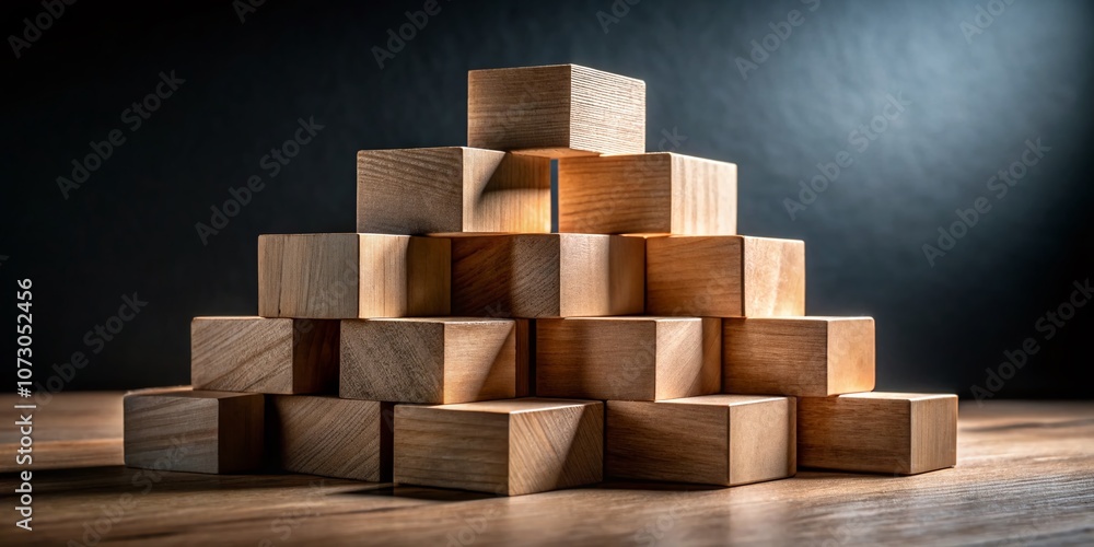 Poster close-up of stacked wooden blocks creating an abstract structure on a dark background for minimalist