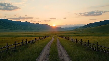 Explore the serene beauty of a sunlit landscape at dusk with rolling hills and tranquil paths