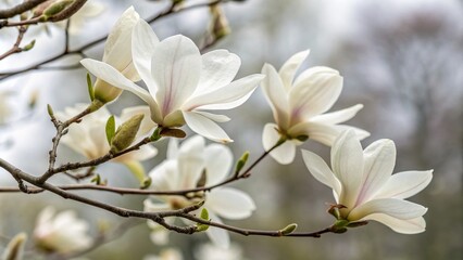 Fototapeta premium Close-Up of White Magnolia Blossoms in Minimalist Style, Capturing the Essence of Spring with Soft Background and Delicate Petals, Perfect for Nature and Floral Enthusiasts